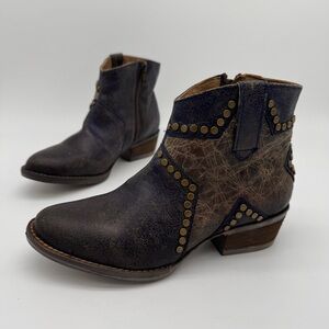 Corral Circle G Brown Blue Leather Star Inlay Studded Western Ankle Boot Size 7